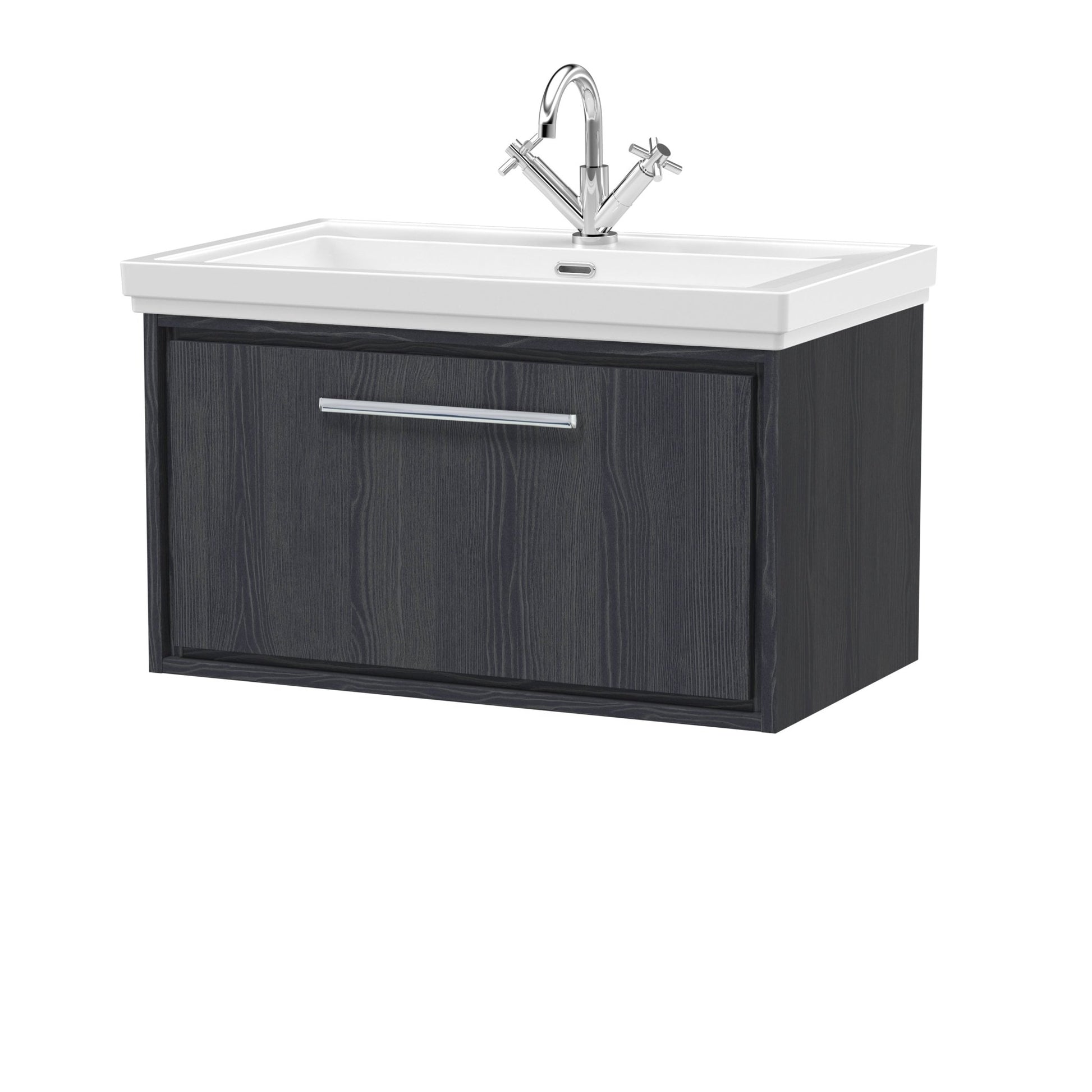 Hudson Reed Lille 800mm Wall Hung Single Drawer Vanity With Basin - 1 Tap Hole Contemp Graphite Grey Woodgrain Fireclay,MFC Textured Woodgrain 498x830x471mm - JJ Building Materials