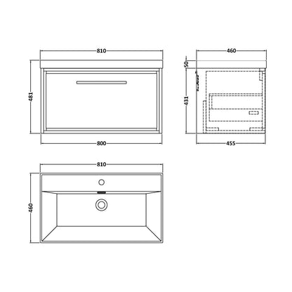 Hudson Reed Lille 800mm Wall Hung Single Drawer Vanity With Basin - 1 Tap Hole Contemp Graphite Grey Woodgrain MFC Textured Woodgrain,vitreous China 481x810x460mm - JJ Building Materials