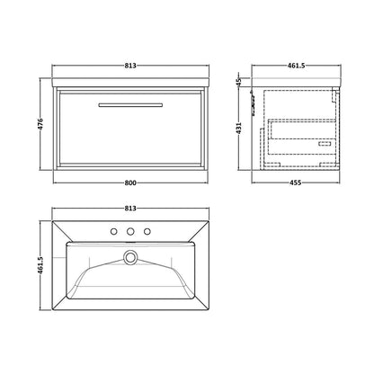 Hudson Reed Lille 800mm Wall Hung Single Drawer Vanity With Basin - 3 Tap Hole Contemp Antique Oak Fireclay,MFC Textured Woodgrain 476x813x462mm - JJ Building Materials