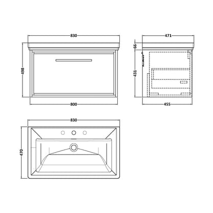 Hudson Reed Lille 800mm Wall Hung Single Drawer Vanity With Basin - 3 Tap Hole Contemp Antique Oak Fireclay,MFC Textured Woodgrain 498x830x471mm - JJ Building Materials