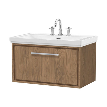 Hudson Reed Lille 800mm Wall Hung Single Drawer Vanity With Basin - 3 Tap Hole Contemp Antique Oak Fireclay,MFC Textured Woodgrain 498x830x471mm - JJ Building Materials