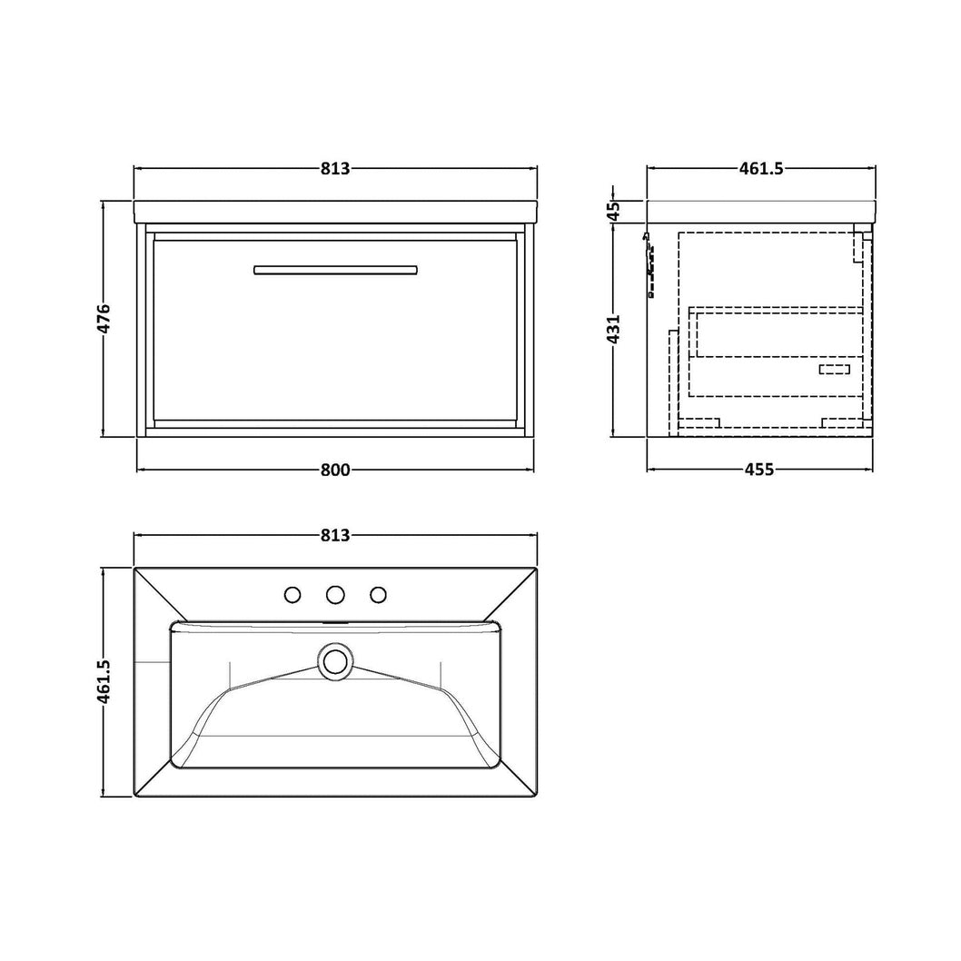 Hudson Reed Lille 800mm Wall Hung Single Drawer Vanity With Basin - 3 Tap Hole Contemp Bleached Oak Fireclay,MFC Textured Woodgrain 476x813x462mm - JJ Building Materials
