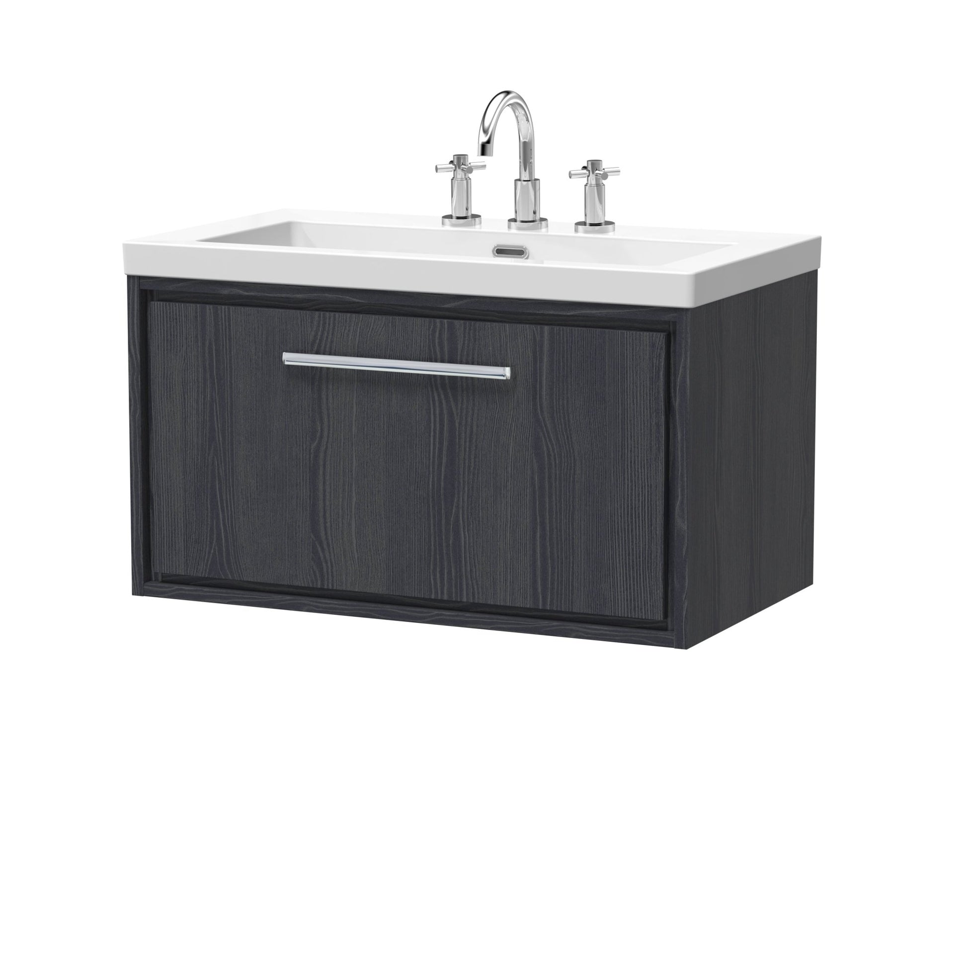 Hudson Reed Lille 800mm Wall Hung Single Drawer Vanity With Basin - 3 Tap Hole Contemp Graphite Grey Woodgrain Fireclay,MFC Textured Woodgrain 476x813x462mm - JJ Building Materials
