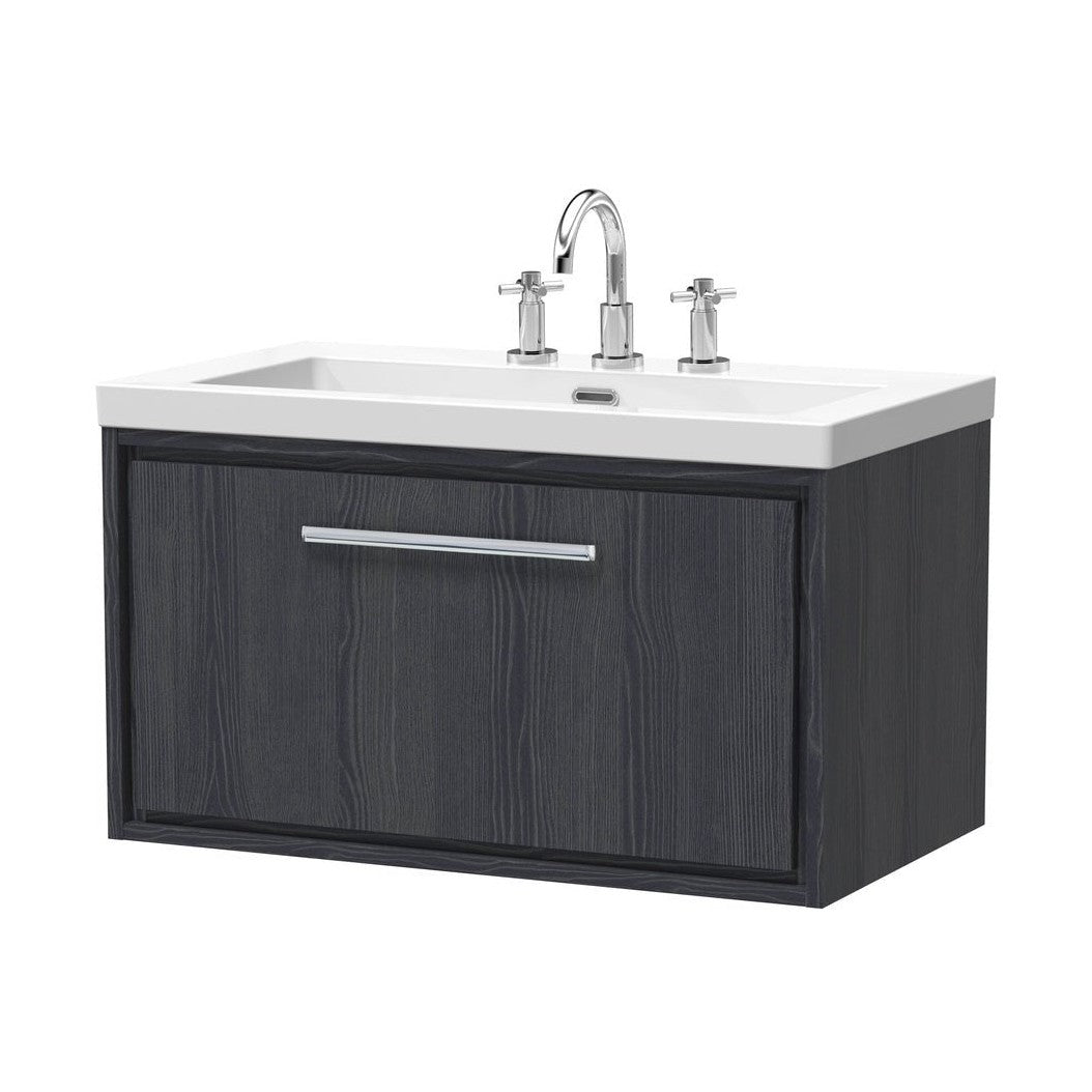 Hudson Reed Lille 800mm Wall Hung Single Drawer Vanity With Basin - 3 Tap Hole Contemp Graphite Grey Woodgrain Fireclay,MFC Textured Woodgrain 476x813x462mm - JJ Building Materials