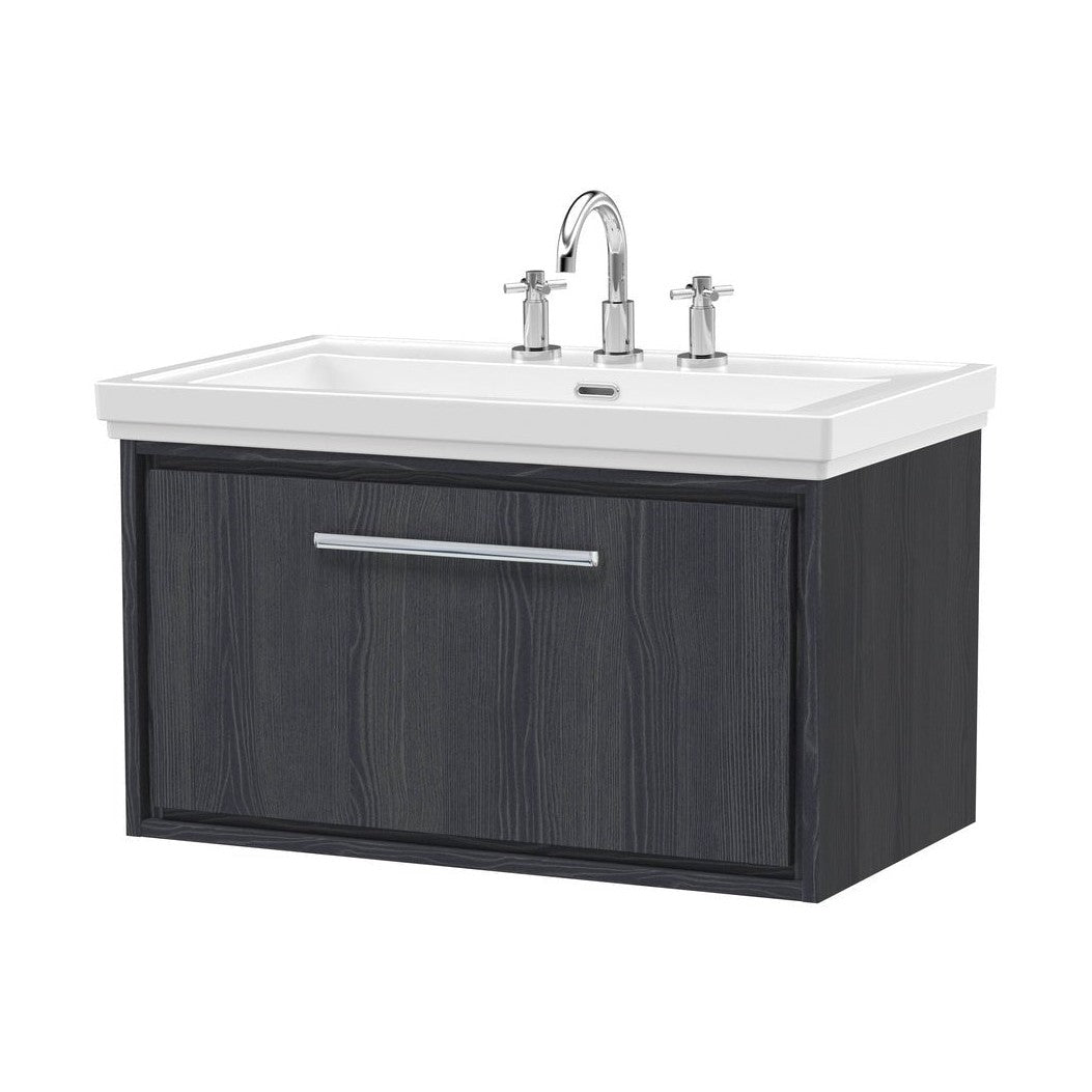 Hudson Reed Lille 800mm Wall Hung Single Drawer Vanity With Basin - 3 Tap Hole Contemp Graphite Grey Woodgrain Fireclay,MFC Textured Woodgrain 498x830x471mm - JJ Building Materials