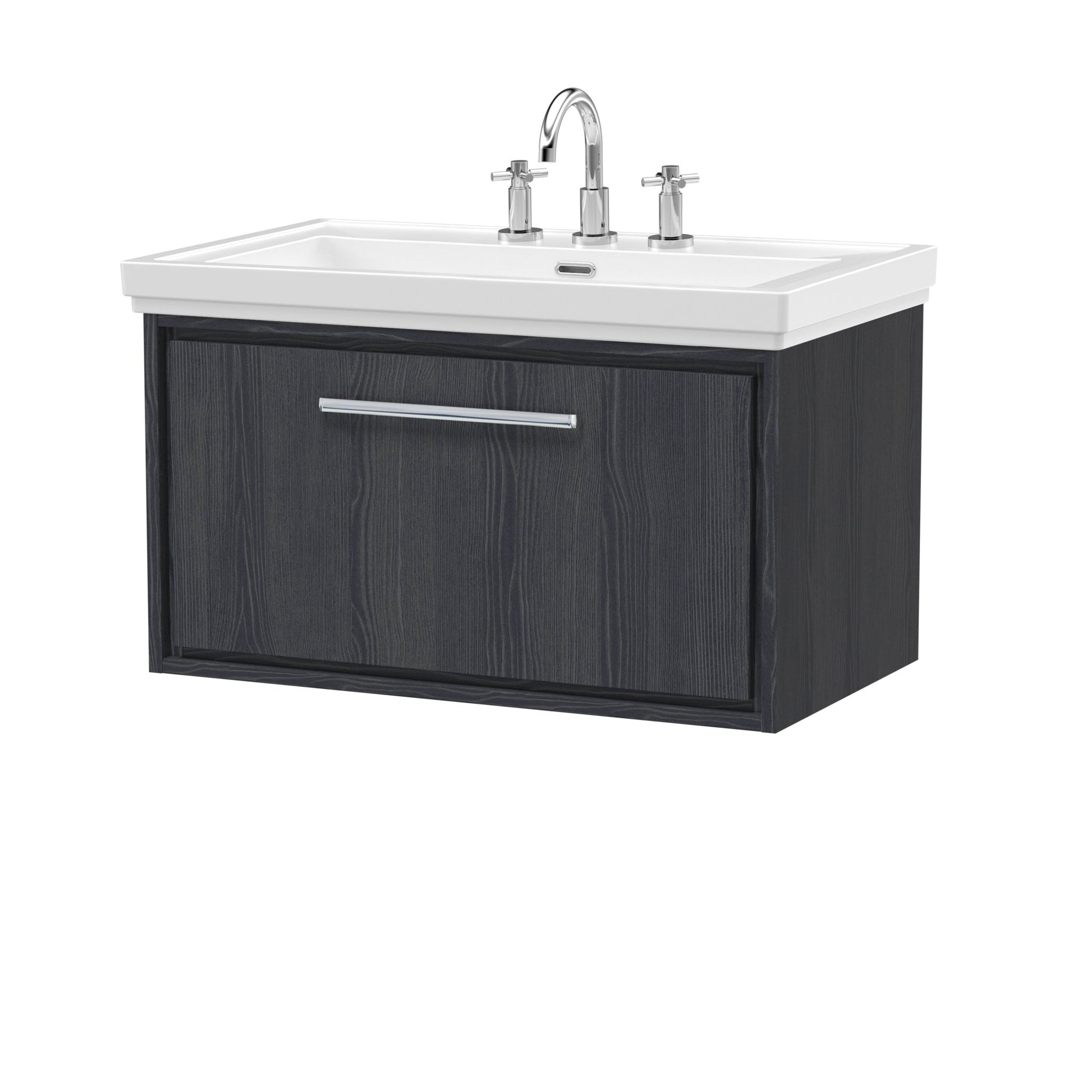 Hudson Reed Lille 800mm Wall Hung Single Drawer Vanity With Basin - 3 Tap Hole Contemp Graphite Grey Woodgrain Fireclay,MFC Textured Woodgrain 498x830x471mm - JJ Building Materials
