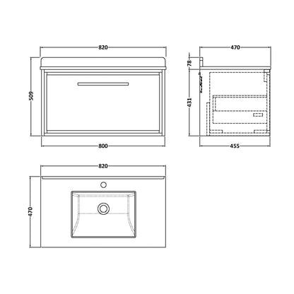 Hudson Reed Lille 800mm Wall Hung Single Drawer Vanity With Marble Worktop Basin Contemp Antique Oak MFC Textured Woodgrain,vitreous China 509x820x470mm - JJ Building Materials