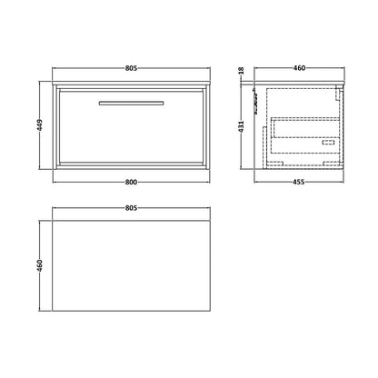Hudson Reed Lille 800mm Wall Hung Single Drawer Vanity With Worktop Contemp Antique Oak MFC Textured Woodgrain 449x805x460mm - JJ Building Materials