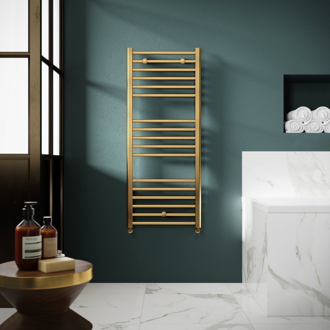 Hudson Reed Lorica Round Straight Towel Radiator 1200x500 Contemp Brushed Brass Steel 1200x500x30mm - JJ Building Materials