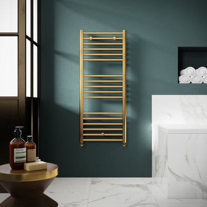 Hudson Reed Lorica Round Straight Towel Radiator 1200x500 Contemp Brushed Brass Steel 1200x500x30mm - JJ Building Materials