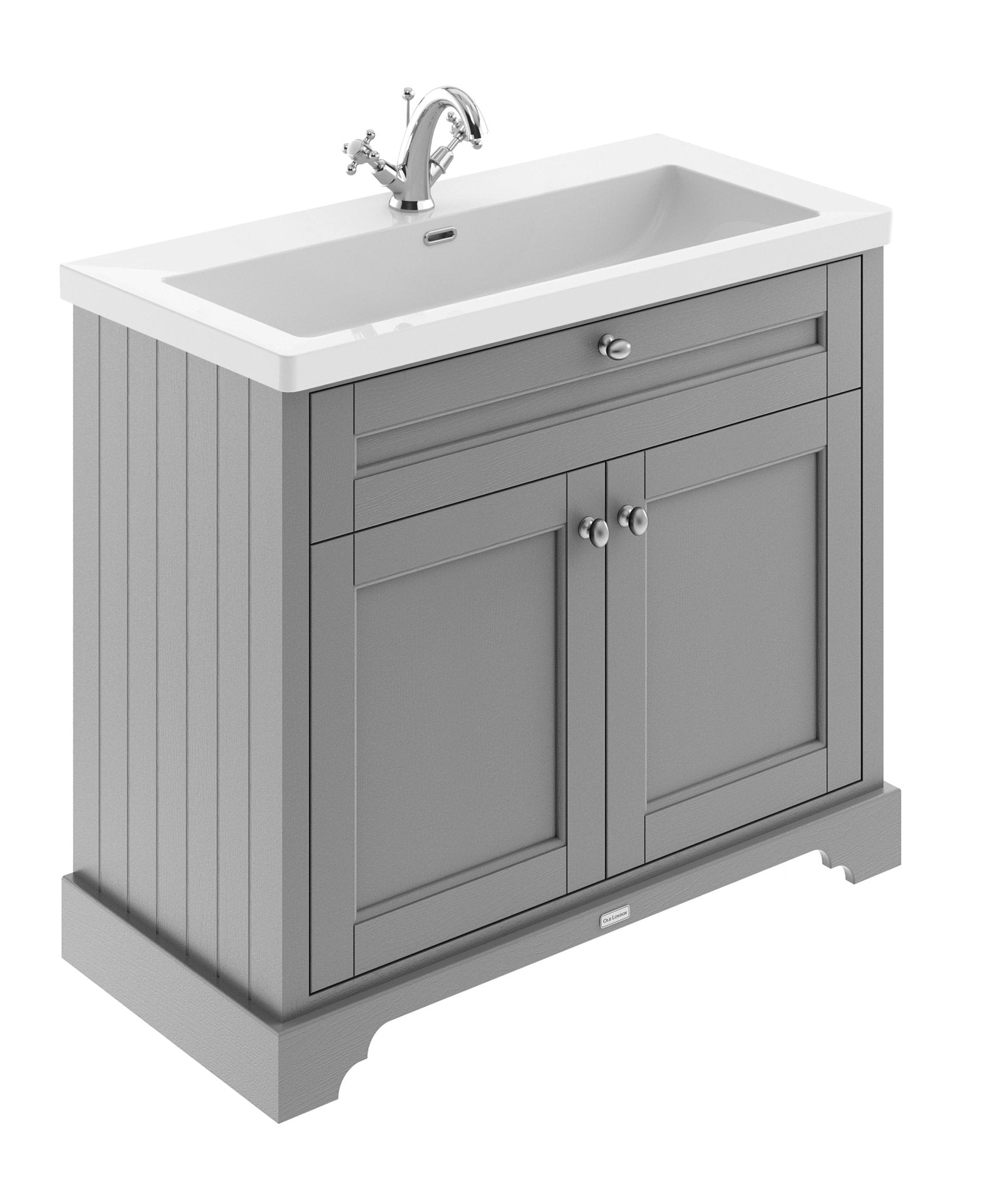 Hudson Reed Old London 1000mm 2 - door Unit & Contemp Fireclay Basin 1th Trad Storm Grey Fireclay,MDF Vinyl Textured Woodgrain 855x1030x462mm - JJ Building Materials