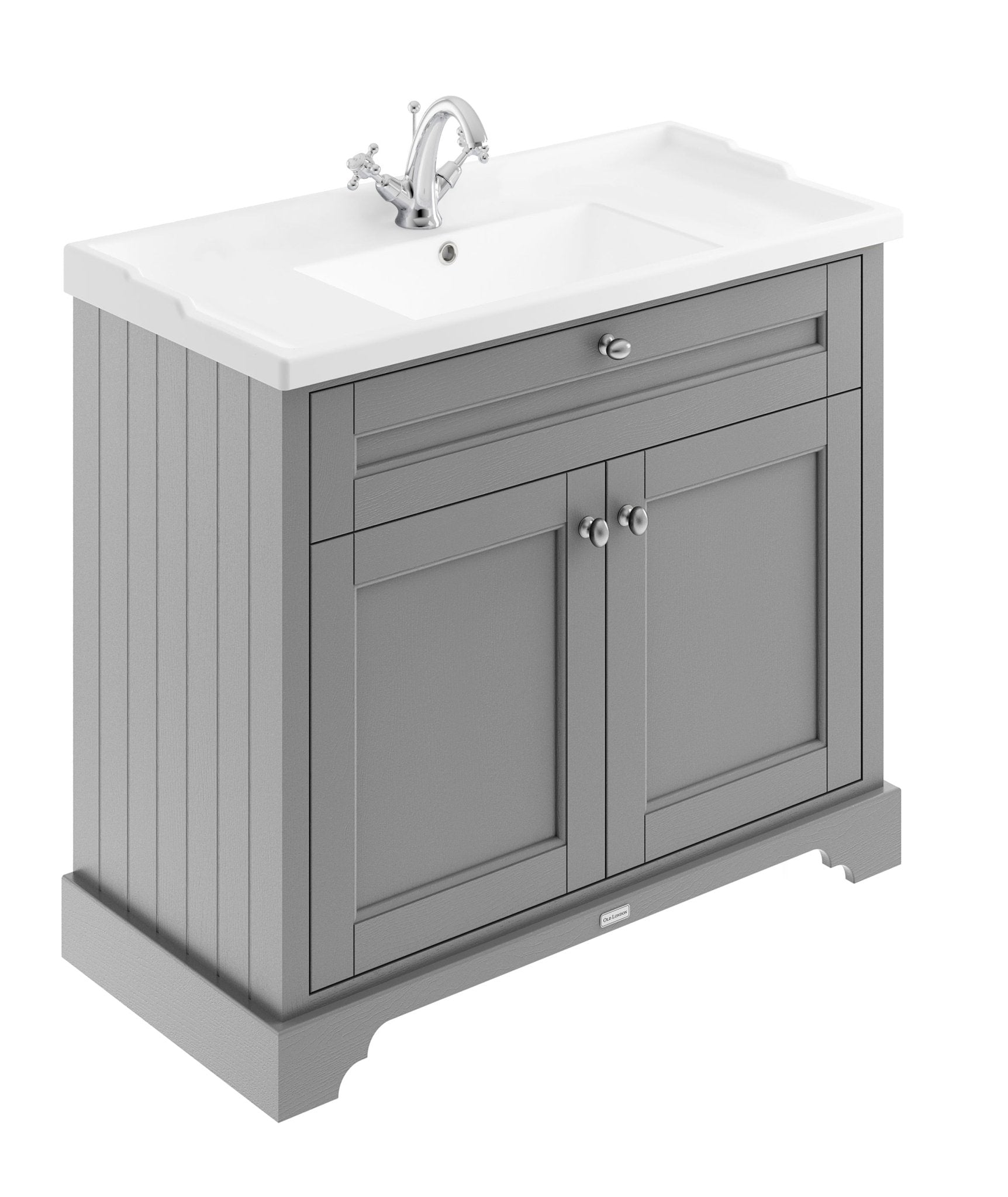 Hudson Reed Old London 1000mm Cabinet & Basin (1th) Trad Storm Grey MDF Vinyl Textured Woodgrain 868x1020x470mm - JJ Building Materials