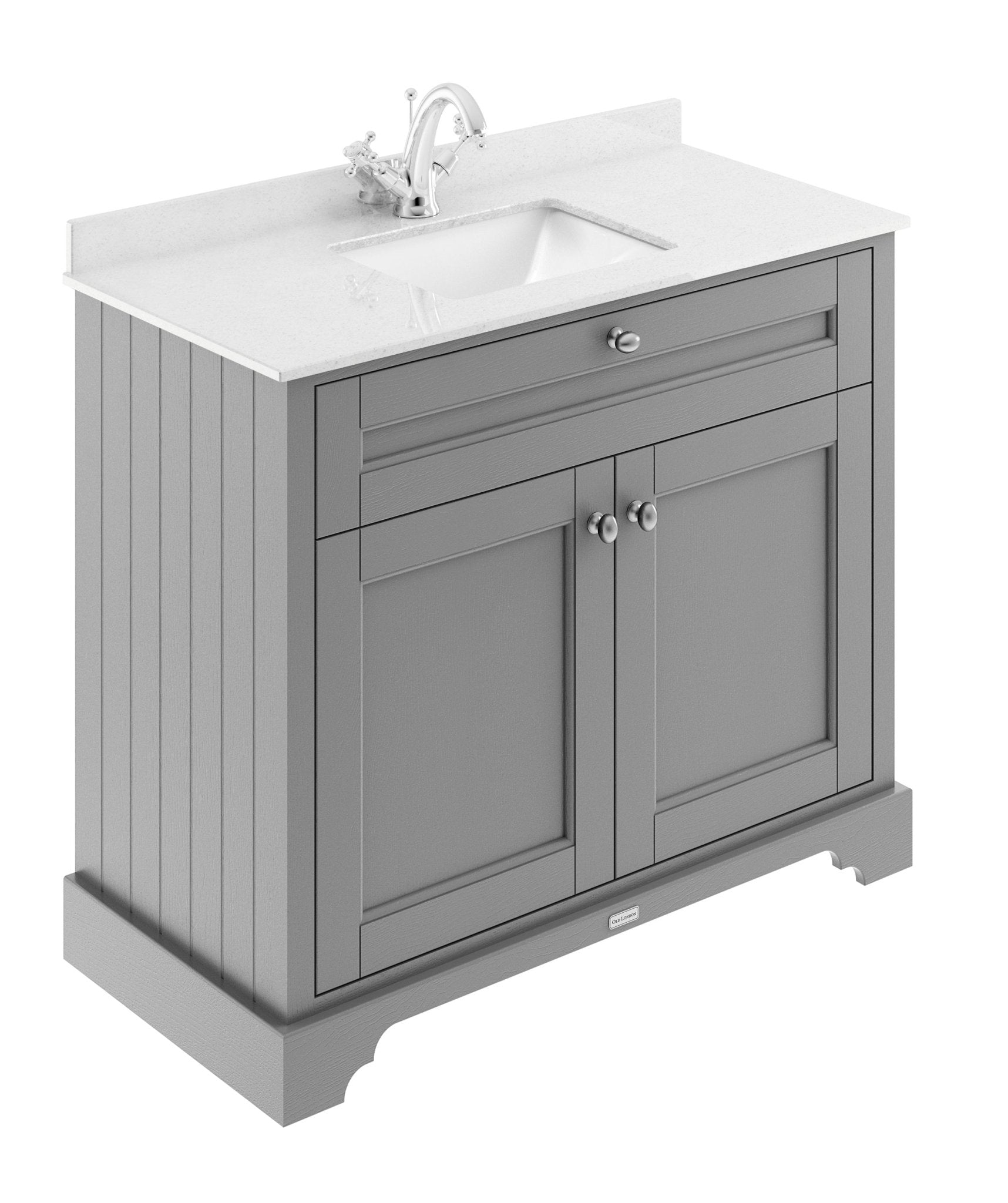 Hudson Reed Old London 1000mm Cabinet & Marble Top (1th) Trad Storm Grey MDF Vinyl Textured Woodgrain 886x1021x471mm - JJ Building Materials