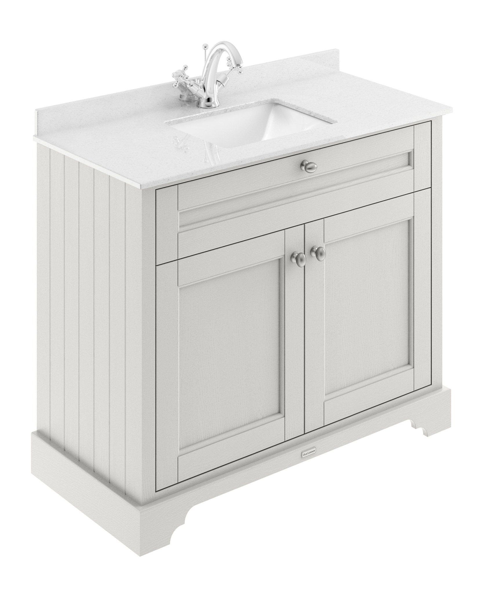 Hudson Reed Old London 1000mm Cabinet & Marble Top (1th) Trad Timeless Sand MDF Vinyl Textured Woodgrain 886x1021x471mm - JJ Building Materials