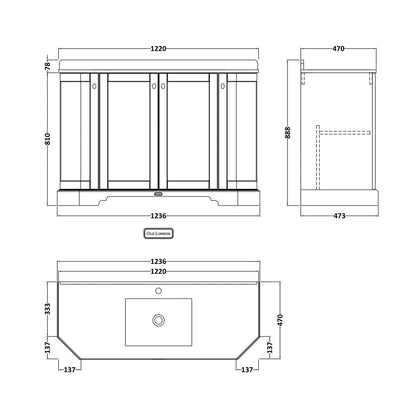 Hudson Reed Old London 1200mm 4-door Angled Unit & Marble Top 1th Trad Timeless Sand MDF Vinyl Textured Woodgrain 888x1236x470mm - LOF460 - JJ Building Materials