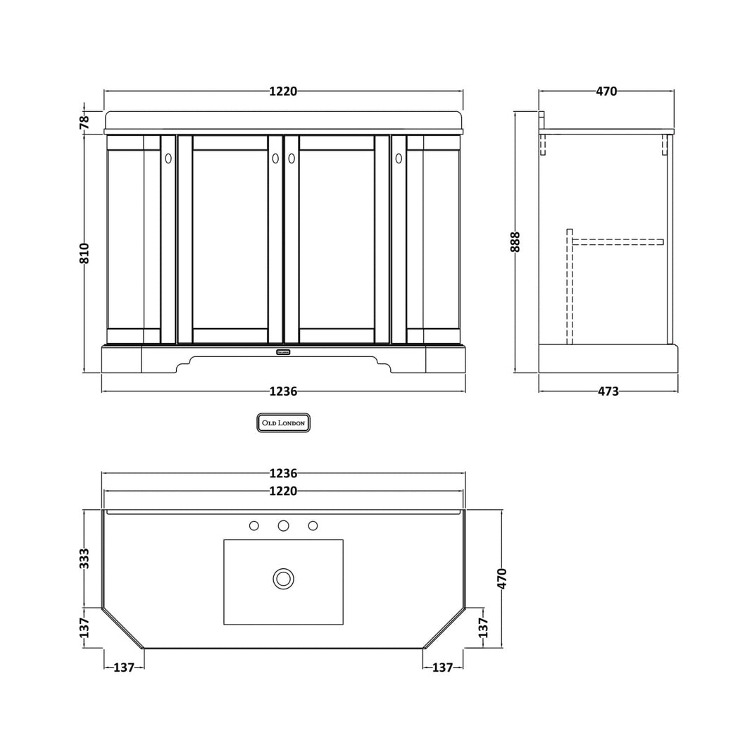 Hudson Reed Old London 1200mm 4-door Angled Unit & Marble Top 3th Trad Twilight Blue MDF Vinyl Textured Woodgrain 888x1236x470mm - LOF357 - JJ Building Materials