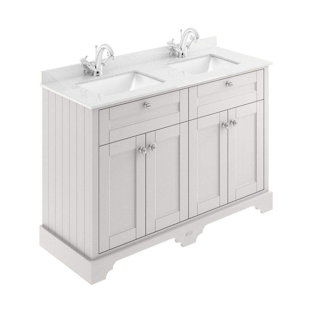 Hudson Reed Old London 1200mm Cabinet & Double Marble Top (1th) Trad Timeless Sand MDF Vinyl Textured Woodgrain 845x1250x505mm - JJ Building Materials