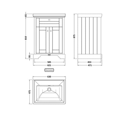 Hudson Reed Old London 600mm 2-door Vanity & Classic Basin 0th Trad Storm Grey MDF Vinyl Textured Woodgrain 875x630x855mm - JJ Building Materials