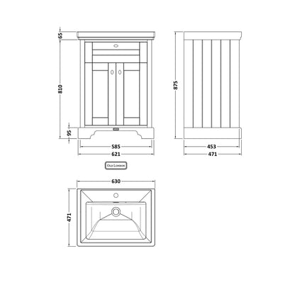 Hudson Reed Old London 600mm 2-door Vanity & Classic Basin 1th Trad Twilight Blue MDF Vinyl Textured Woodgrain 875x630x471mm - JJ Building Materials
