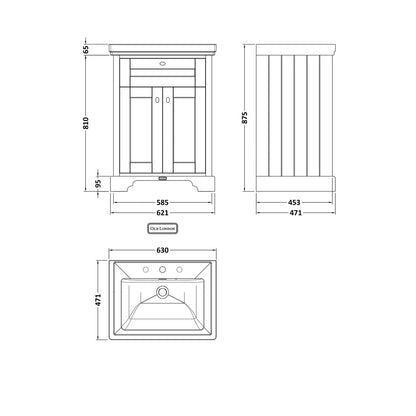 Hudson Reed Old London 600mm 2-door Vanity & Classic Basin 3th Trad Timeless Sand MDF Vinyl Textured Woodgrain 875x630x471mm - JJ Building Materials