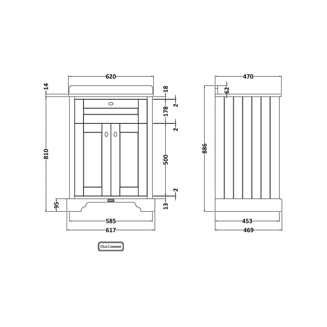 Hudson Reed Old London 600mm Cabinet & Marble Top (3th) Trad Storm Grey MDF Vinyl Textured Woodgrain 886x620x470mm - LOF224 - JJ Building Materials