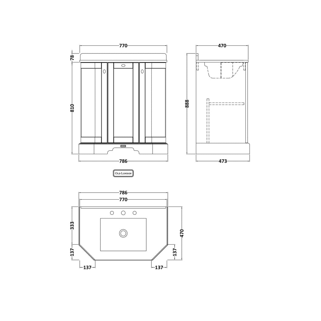 Hudson Reed Old London 750mm 3-door Angled Unit & Marble Top 3th Trad Twilight Blue MDF Vinyl Textured Woodgrain 888x786x470mm - LOF314 - JJ Building Materials