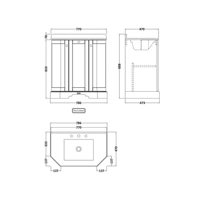Hudson Reed Old London 750mm 3-door Angled Unit & Marble Top 3th Trad Twilight Blue MDF Vinyl Textured Woodgrain 888x786x470mm - LOF314 - JJ Building Materials