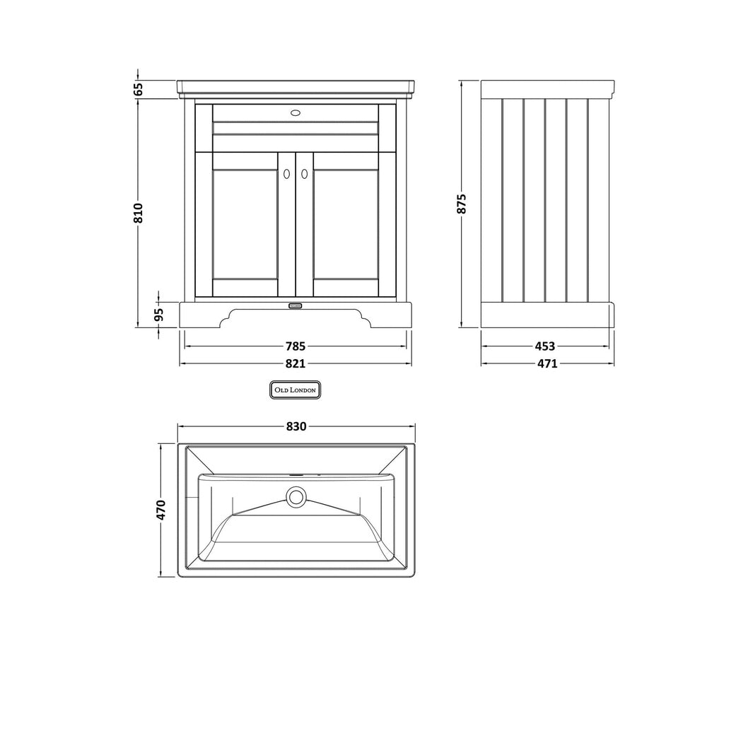 Hudson Reed Old London 800mm 2-door Vanity & Classic Basin 0th Trad Twilight Blue MDF Vinyl Textured Woodgrain 875x830x471mm - JJ Building Materials