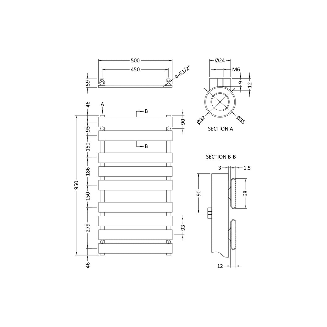 Hudson Reed Piazza Heated Towel Rail Contemp Chrome Steel 950x500x59mm - JJ Building Materials