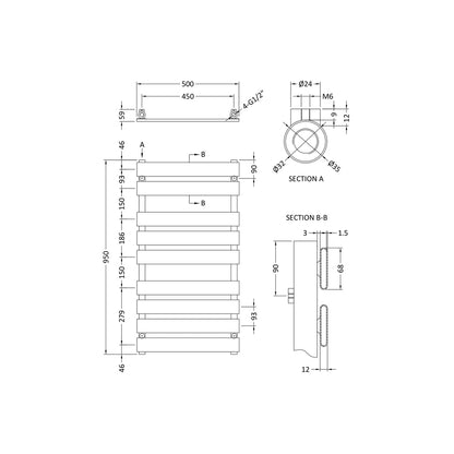 Hudson Reed Piazza Heated Towel Rail Contemp Chrome Steel 950x500x59mm - JJ Building Materials