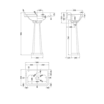 Hudson Reed Richmond 500mm 1th Basin & Comfort Height Ped Trad White Vitreous China 914x500x350mm - JJ Building Materials