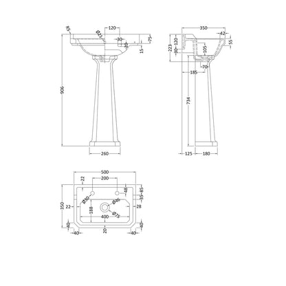 Hudson Reed Richmond 500mm 2th Basin & Comfort Height Ped Trad White Vitreous China 906x500x350mm - JJ Building Materials