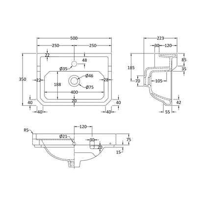 Hudson Reed Richmond 500mm Basin (1 Tap Hole) Trad White Vitreous China 223x500x350mm - JJ Building Materials