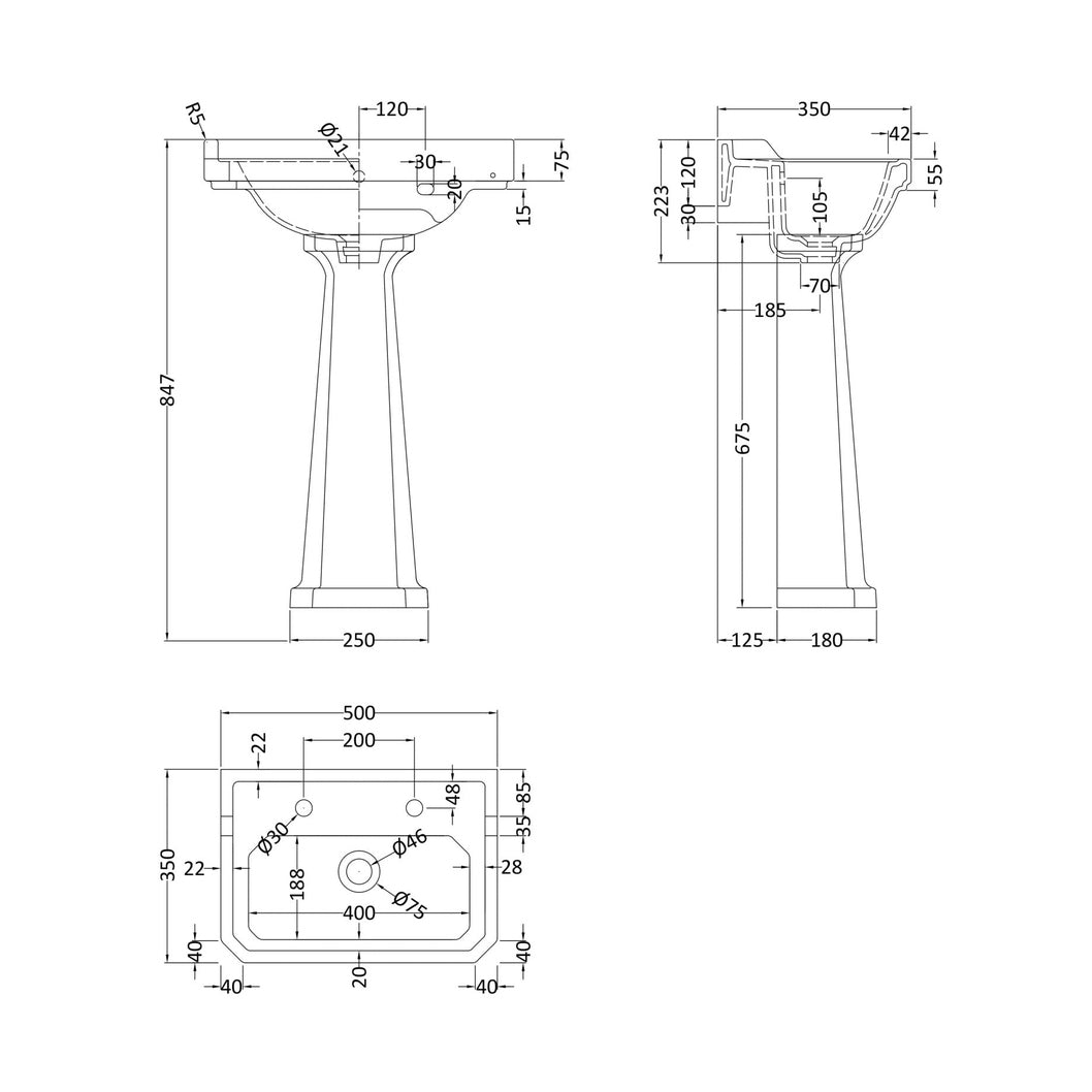 Hudson Reed Richmond 500mm Basin & Pedestal (2 Tap Hole) Trad White Vitreous China 850x495x365mm - JJ Building Materials
