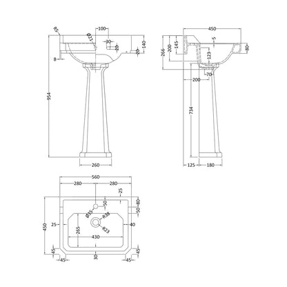 Hudson Reed Richmond 560mm 1th Basin & Comfort Height Ped Trad White Vitreous China 964x560x450mm - JJ Building Materials
