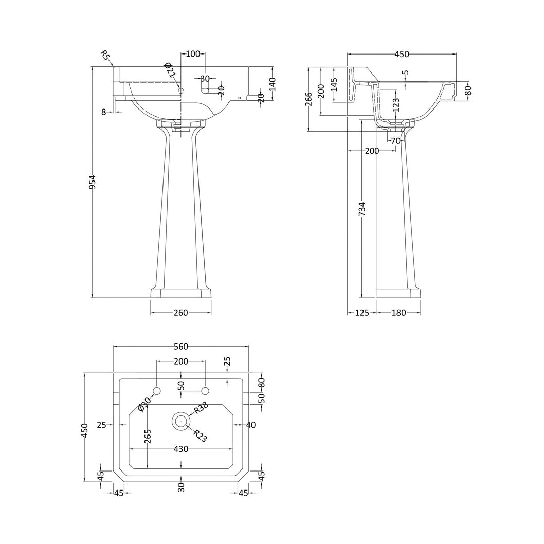 Hudson Reed Richmond 560mm 2th Basin & Comfort Height Ped Trad White Vitreous China 964x560x450mm - JJ Building Materials
