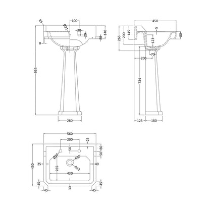 Hudson Reed Richmond 560mm 2th Basin & Comfort Height Ped Trad White Vitreous China 964x560x450mm - JJ Building Materials