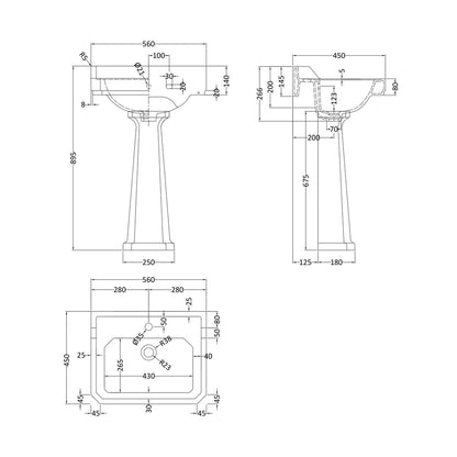 Hudson Reed Richmond 560mm Basin & Pedestal (1 Tap Hole) Trad White Vitreous China 897x550x455mm - JJ Building Materials