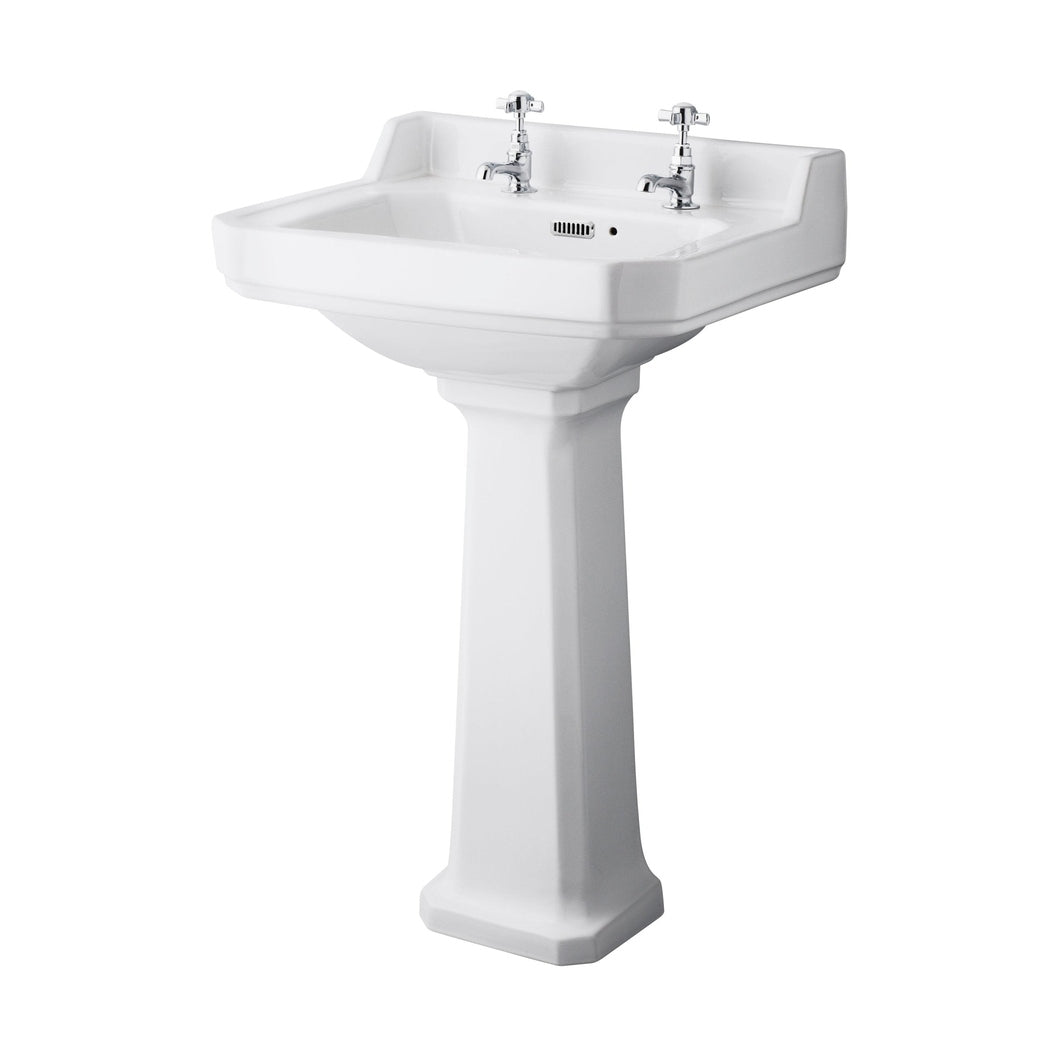 Hudson Reed Richmond 560mm Basin & Pedestal (2 Tap Hole) Trad White Vitreous China 905x565x460mm - JJ Building Materials