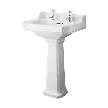 Hudson Reed Richmond 560mm Basin & Pedestal (2 Tap Hole) Trad White Vitreous China 905x565x460mm - JJ Building Materials