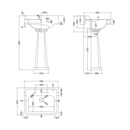 Hudson Reed Richmond 560mm Basin & Pedestal (2 Tap Hole) Trad White Vitreous China 905x565x460mm - JJ Building Materials