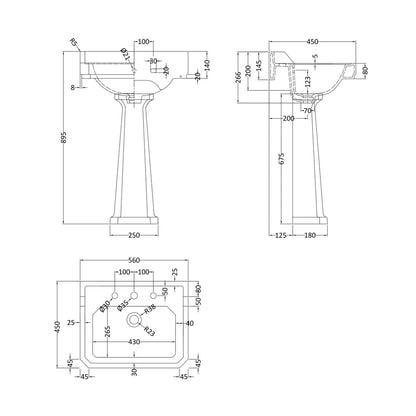 Hudson Reed Richmond 560mm Basin & Pedestal (3 Tap Hole) Trad White Vitreous China 905x560x450mm - JJ Building Materials