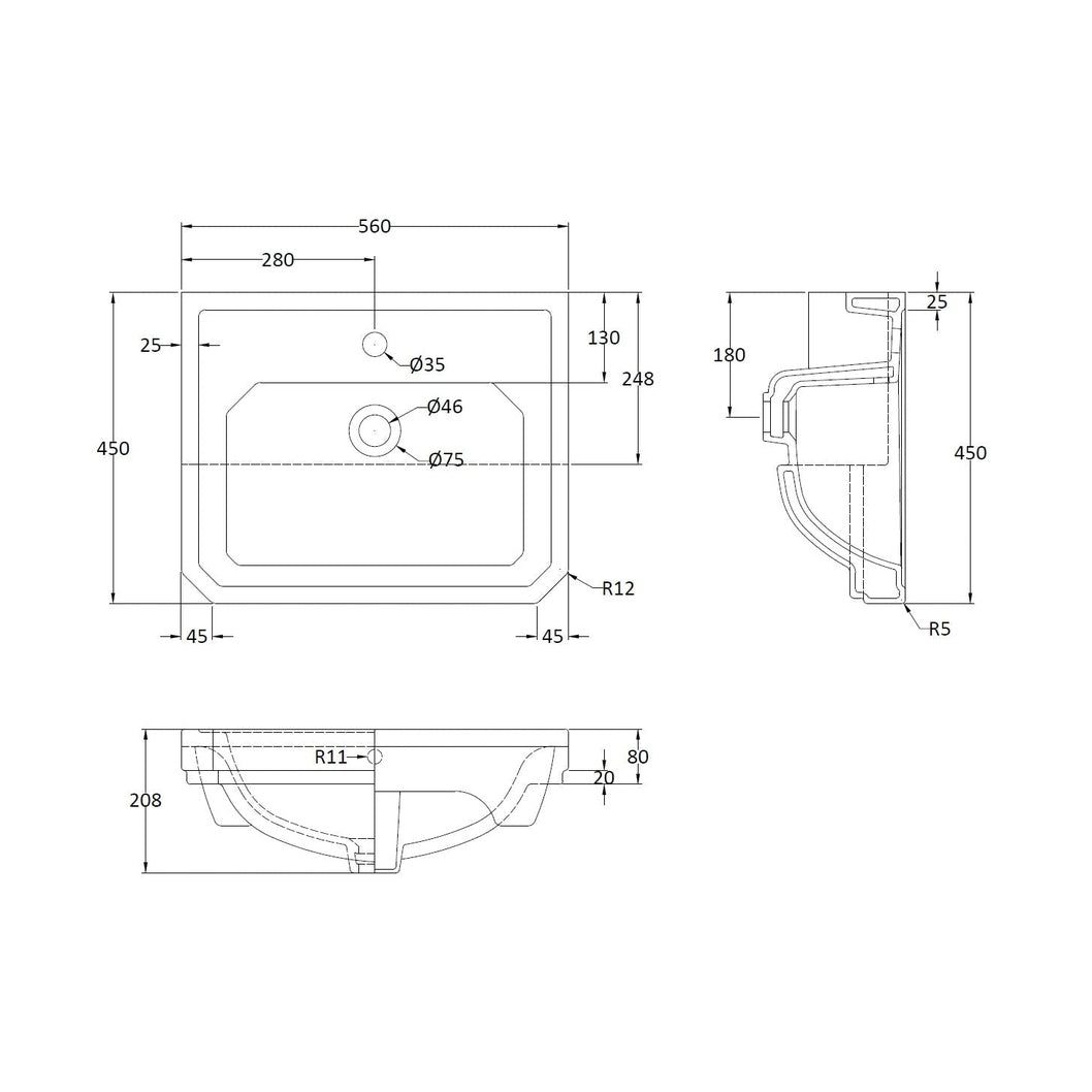 Hudson Reed Richmond 560mm Semi Recessed Basin (1 Tap Hole) Trad White Vitreous China 208x560x450mm - JJ Building Materials