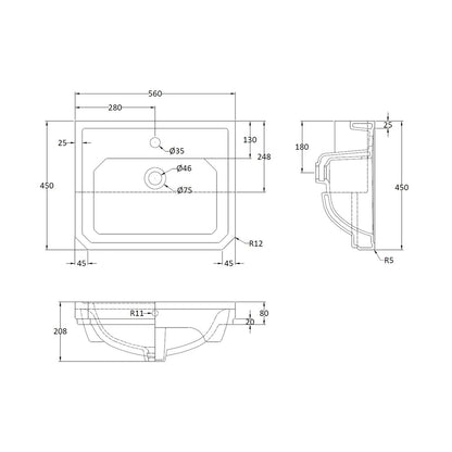 Hudson Reed Richmond 560mm Semi Recessed Basin (1 Tap Hole) Trad White Vitreous China 208x560x450mm - JJ Building Materials