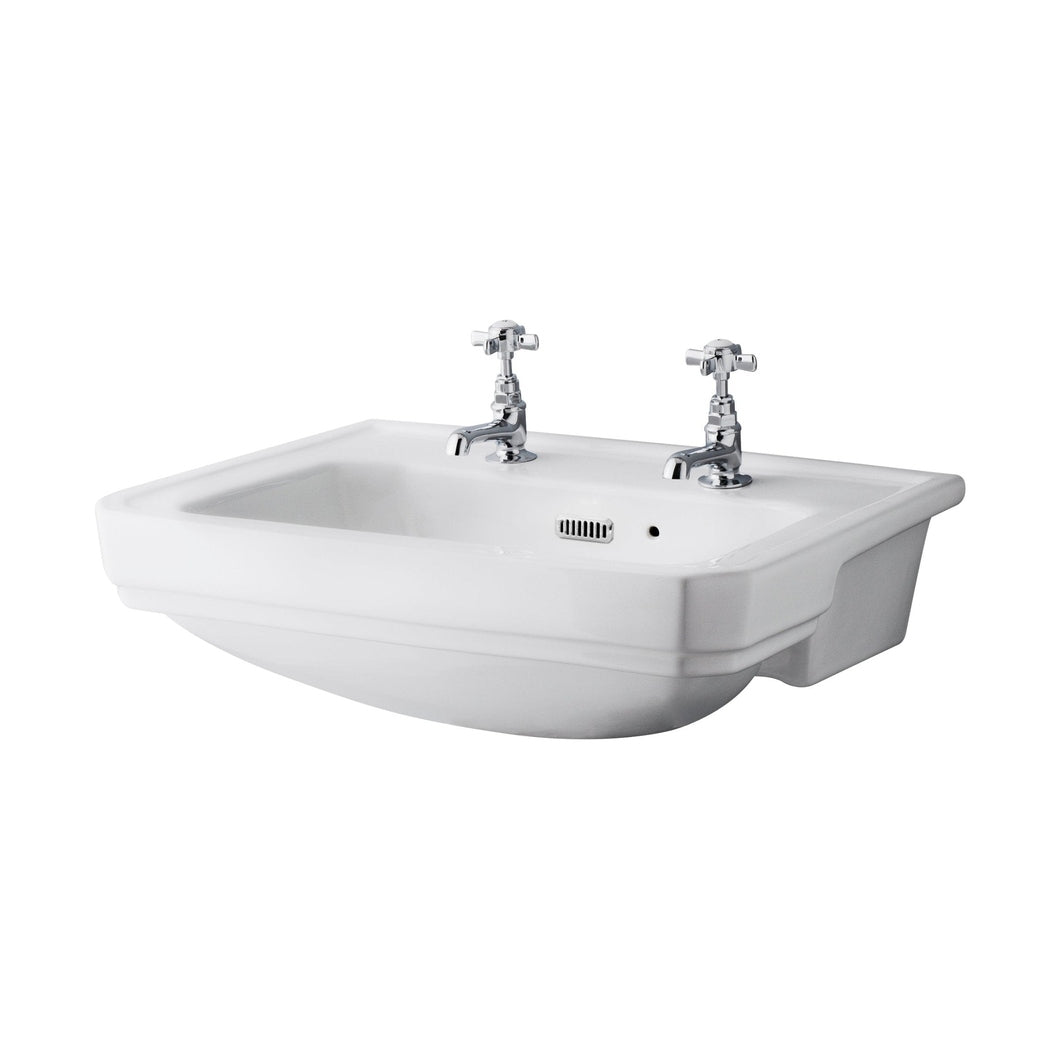 Hudson Reed Richmond 560mm Semi Recessed Basin (2 Tap Hole) Trad Matt White Vitreous China 208x560x450mm - JJ Building Materials