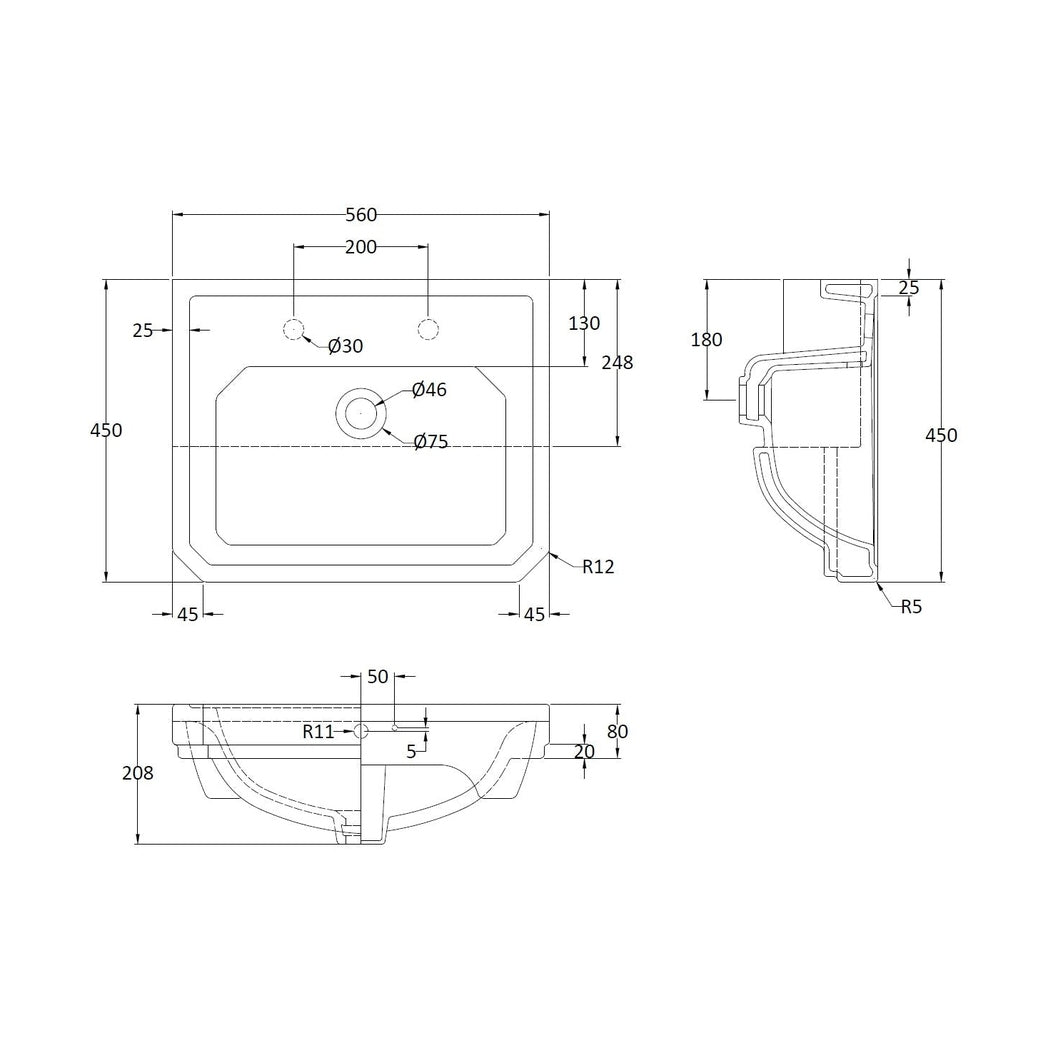 Hudson Reed Richmond 560mm Semi Recessed Basin (2 Tap Hole) Trad Matt White Vitreous China 208x560x450mm - JJ Building Materials