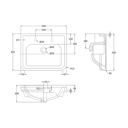 Hudson Reed Richmond 560mm Semi Recessed Basin (2 Tap Hole) Trad Matt White Vitreous China 208x560x450mm - JJ Building Materials
