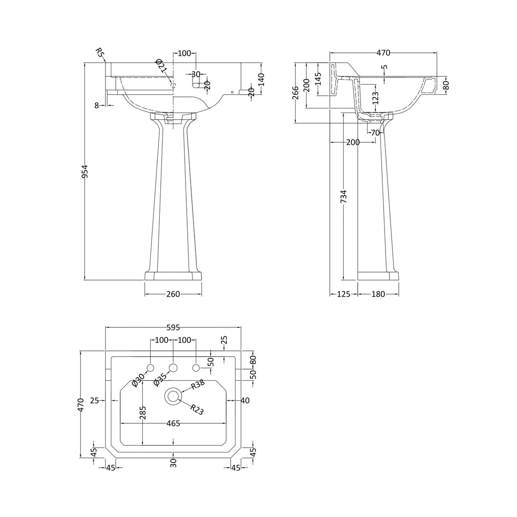 Hudson Reed Richmond 600mm 3th Basin & Comfort Height Ped Trad White Vitreous China 964x595x470mm - JJ Building Materials