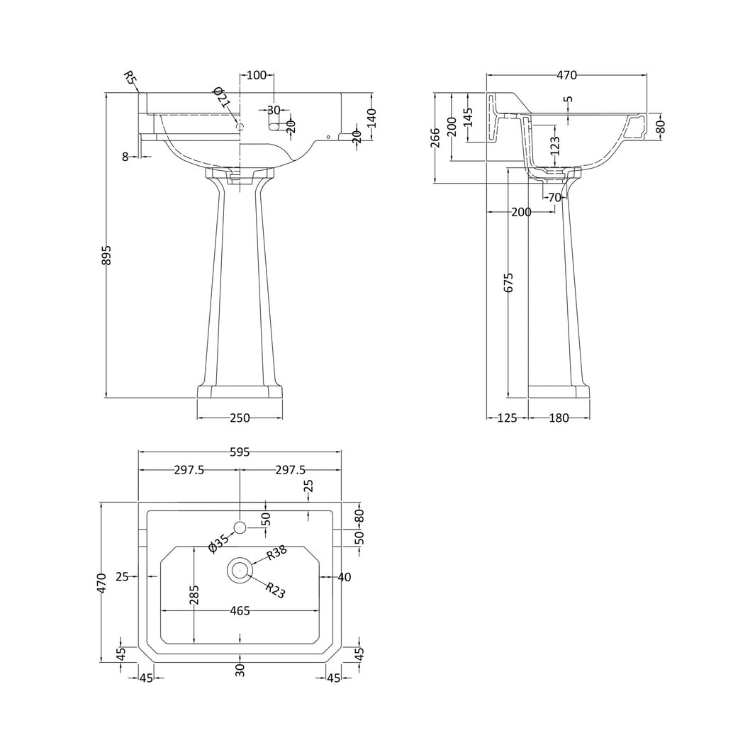 Hudson Reed Richmond 600mm Basin & Pedestal (1 Tap Hole) Trad White Vitreous China 900x600x485mm - JJ Building Materials