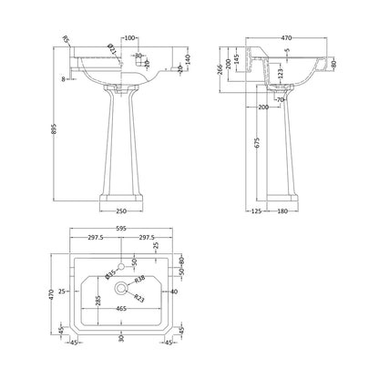 Hudson Reed Richmond 600mm Basin & Pedestal (1 Tap Hole) Trad White Vitreous China 900x600x485mm - JJ Building Materials